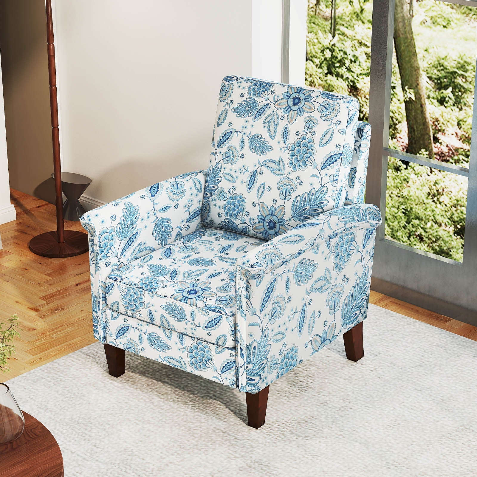 Floral Accent Chair Farmhouse Boho Armchair with Solid Wood Legs and High Back