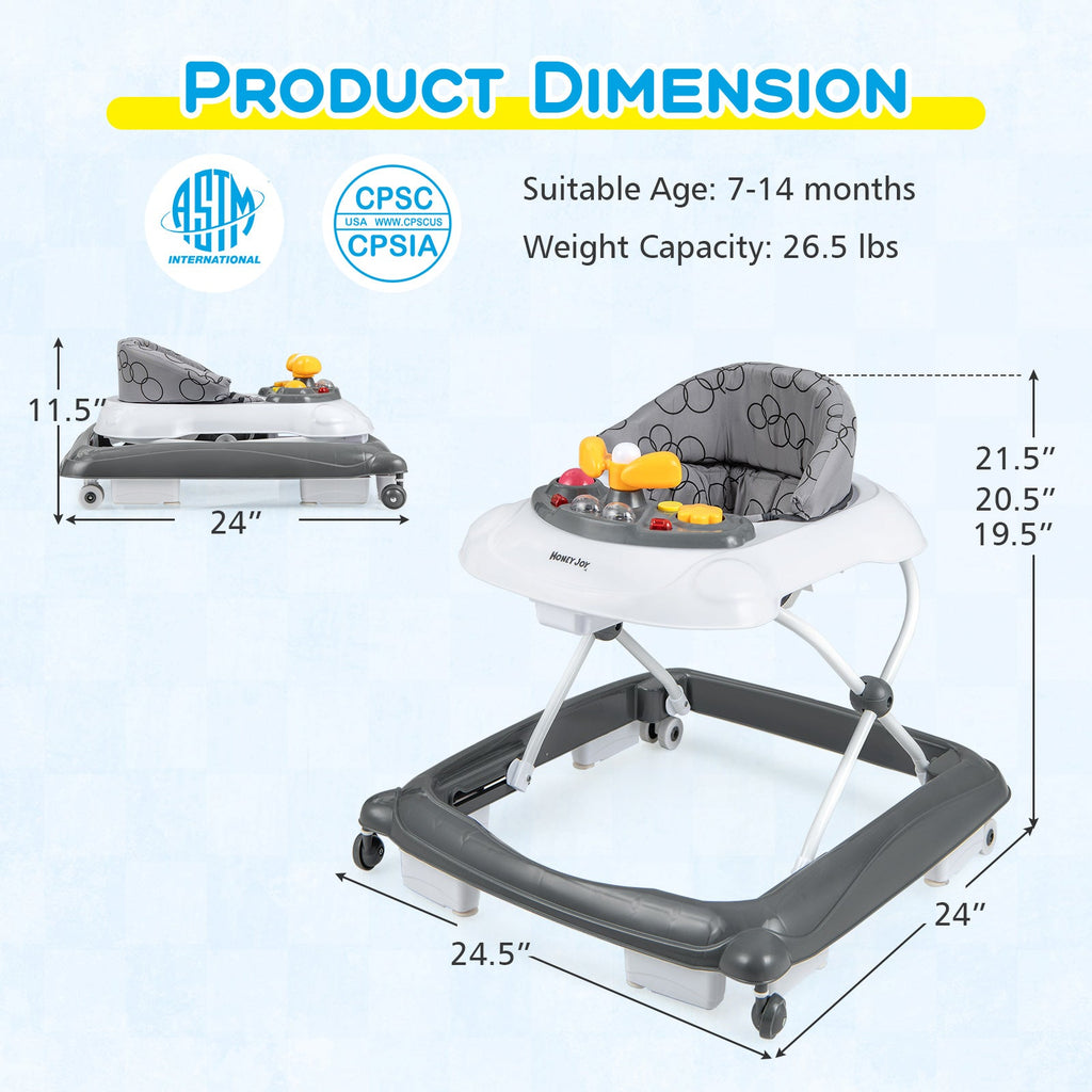 Foldable Baby Walker with 3 Adjustable Heights and Padded Seat