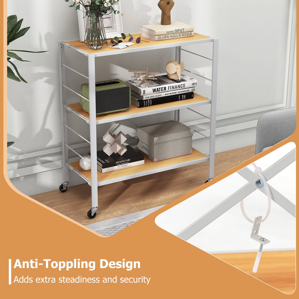 3-Tier Foldable Shelving Unit with Detachable Wheels and Adjustable Shelves