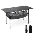 Patio Folding Camping Table with Roll-up Tabletop and Mesh Basket