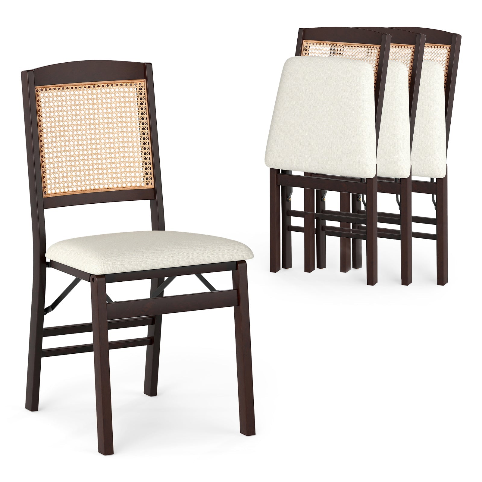 Folding Dining Chairs Set of 4 Rubber Wood Chairs with Linen Padded Seat