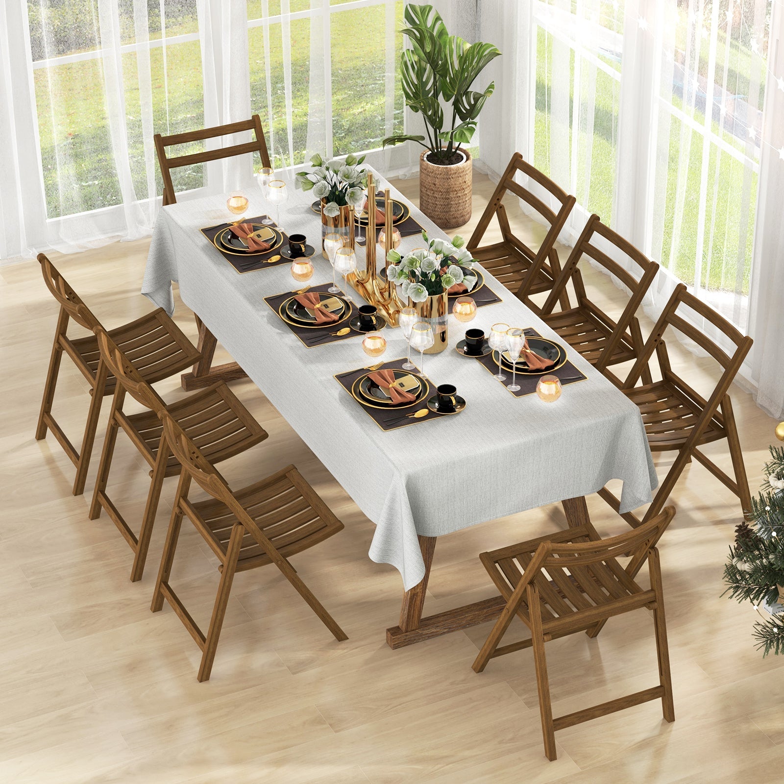 Folding Dining Chair Set of 2 with Rubber Wood Frame and Slatted Seat-Walnut