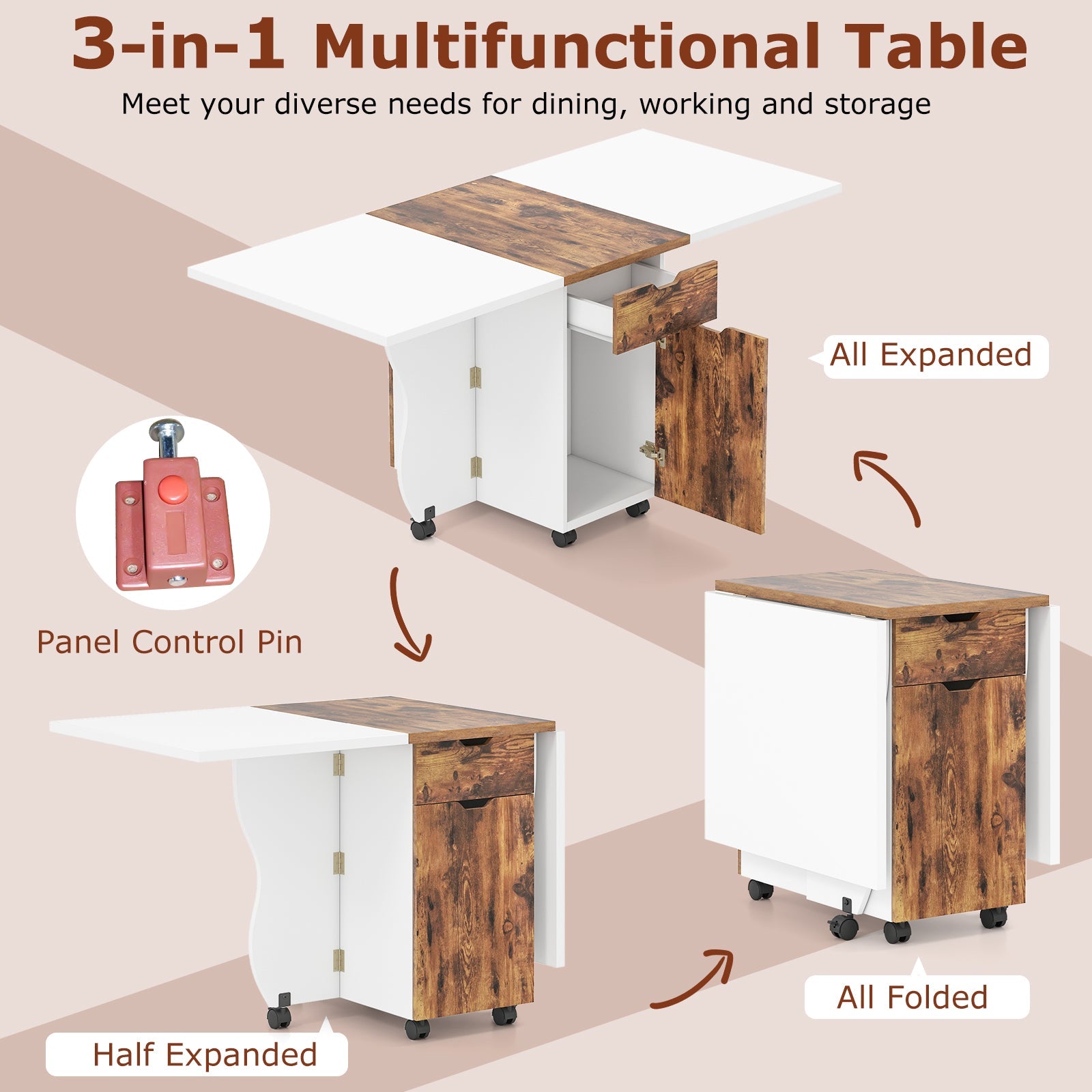 Folding Dining Table 3-in-1 Space-Saving Drop Leaf Kitchen Table with Lockable Wheels
