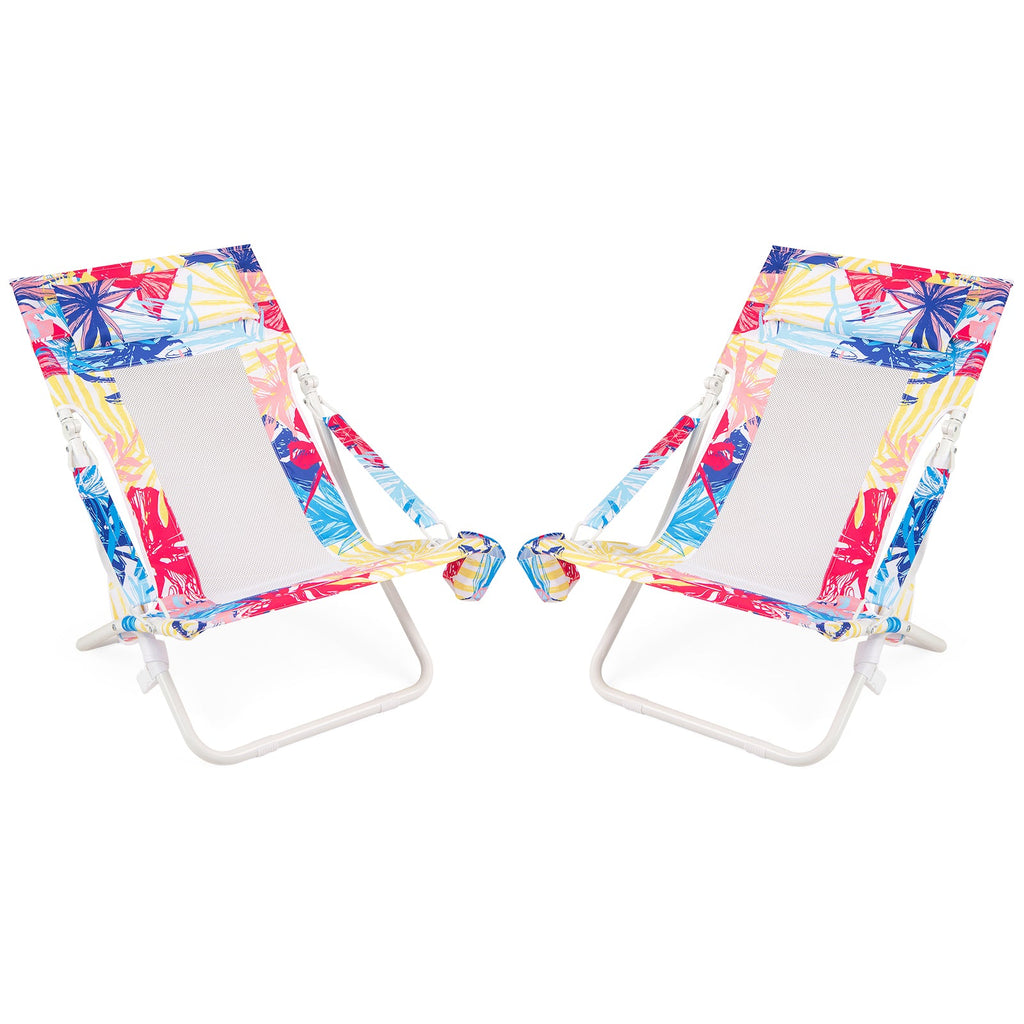 Folding Low Beach Chair Set of 2 Patio Sling Chairs with Padded Head Pillow