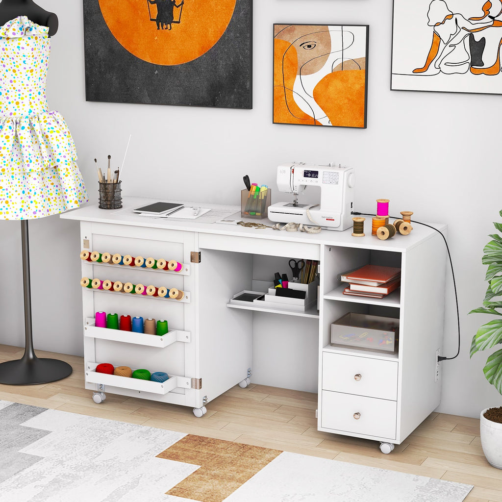 Folding Sewing Table with Charging Station and Storage Shelves-White