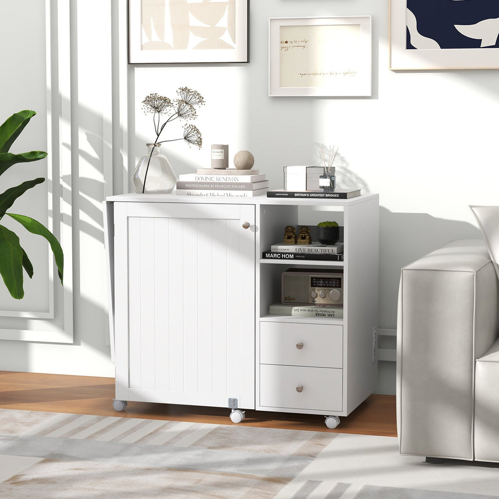 Folding Sewing Table with Charging Station and Storage Shelves-White