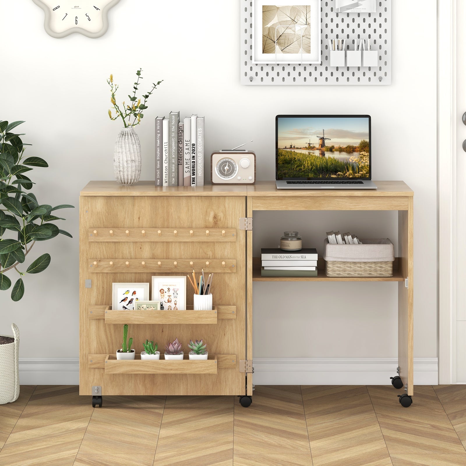 Folding Sewing Table with Storage Shelf and 5 Lockable Wheel