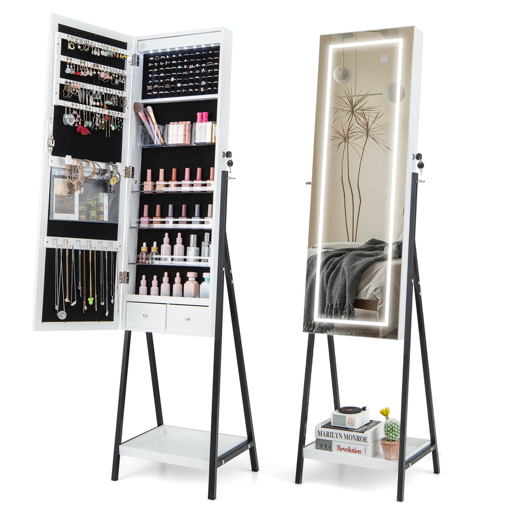 LED Standing Jewelry Mirror Cabinet with 3-Color Lighted Full-Length Mirror