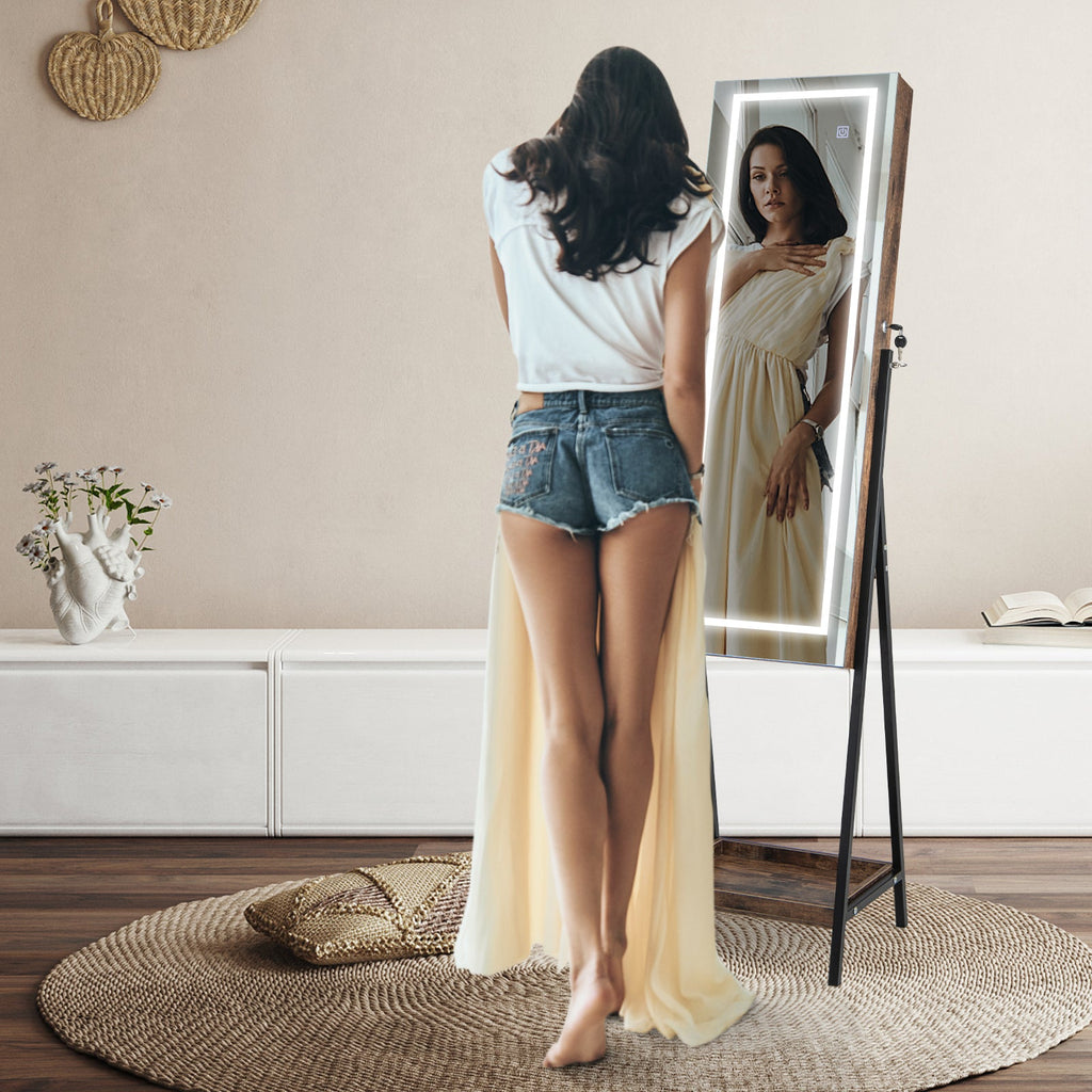 LED Standing Jewelry Mirror Cabinet with 3-Color Lighted Full-Length Mirror