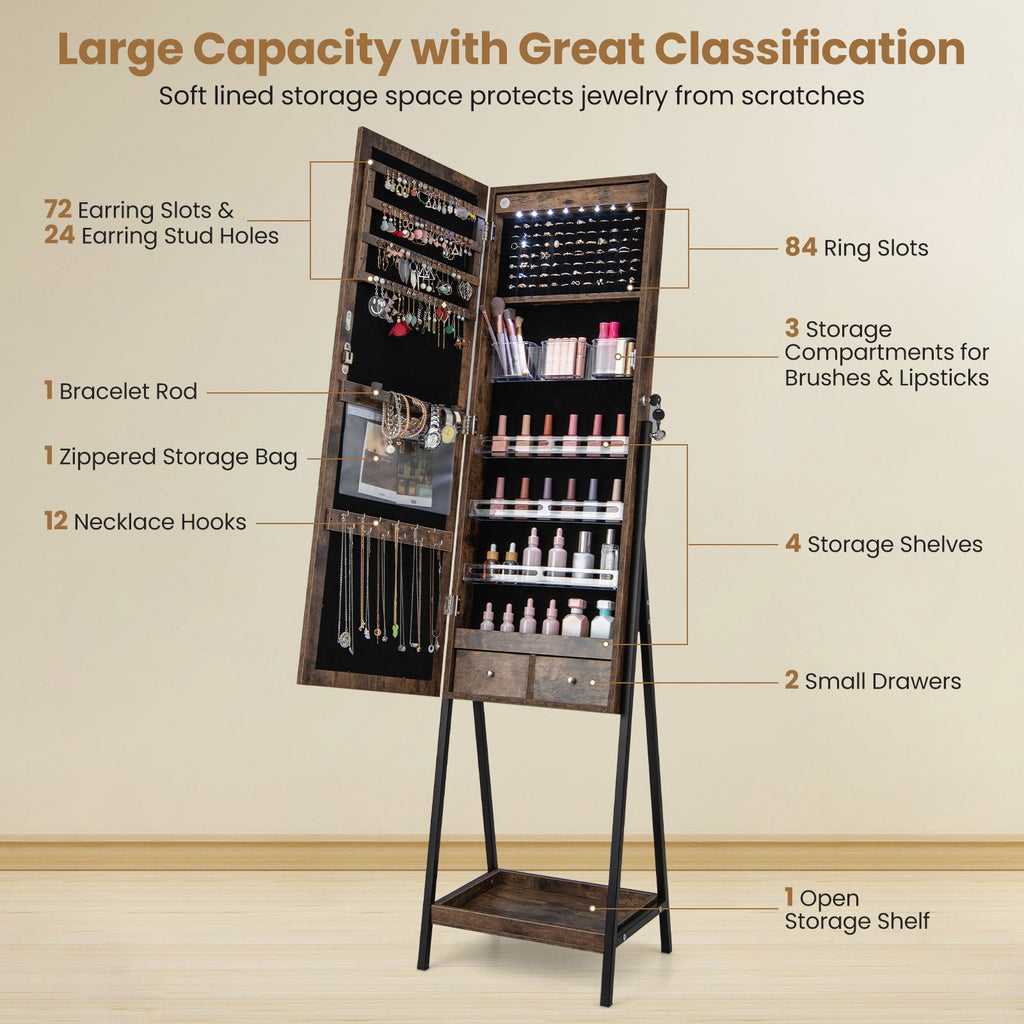 LED Standing Jewelry Mirror Cabinet with 3-Color Lighted Full-Length Mirror