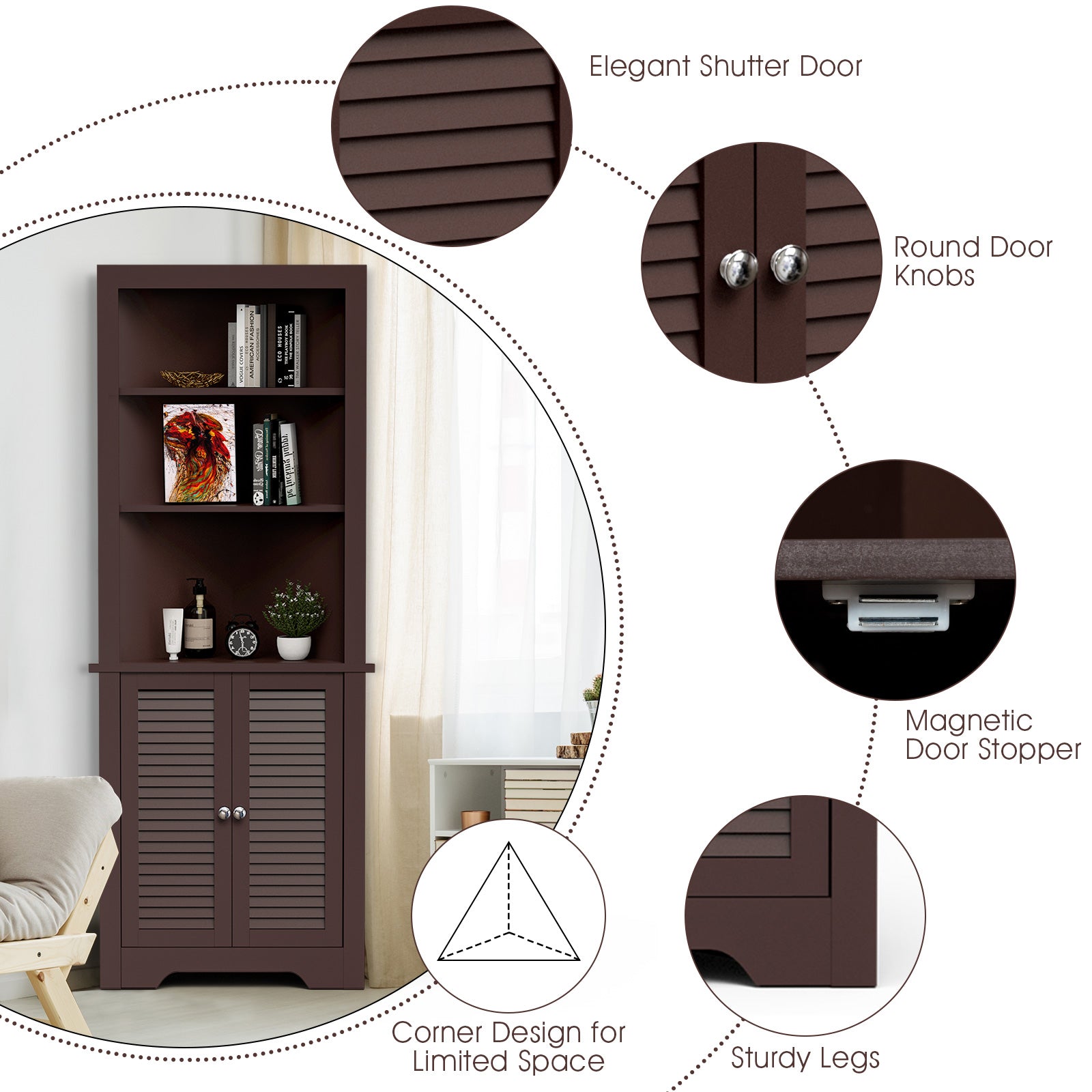 Free Standing Tall Bathroom Corner Storage Cabinet with 3 Shelves