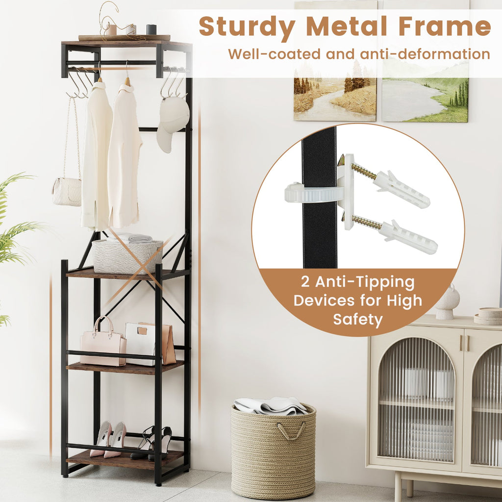 Freestanding Coat Rack with 4 Storage Shelves and 6 Hooks-Rustic Brown