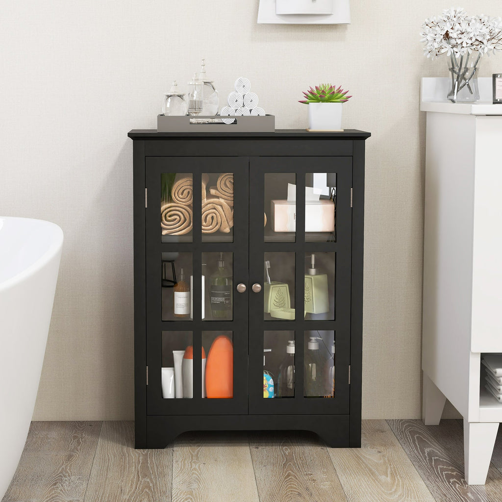 Freestanding Display Storage Cabinet with 2 Glass Doors and Adjustable Shelves