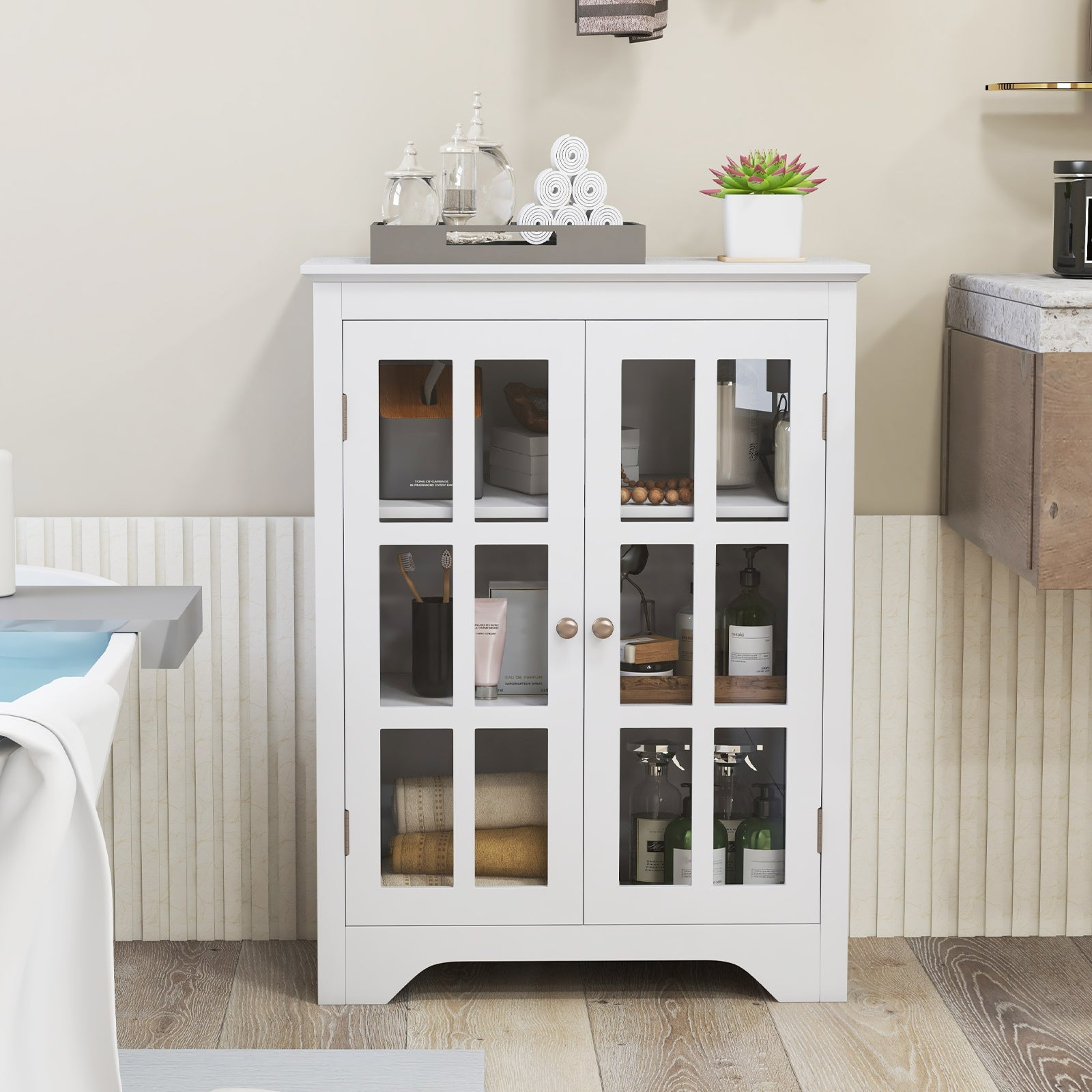 Freestanding Display Storage Cabinet with 2 Glass Doors and Adjustable Shelves