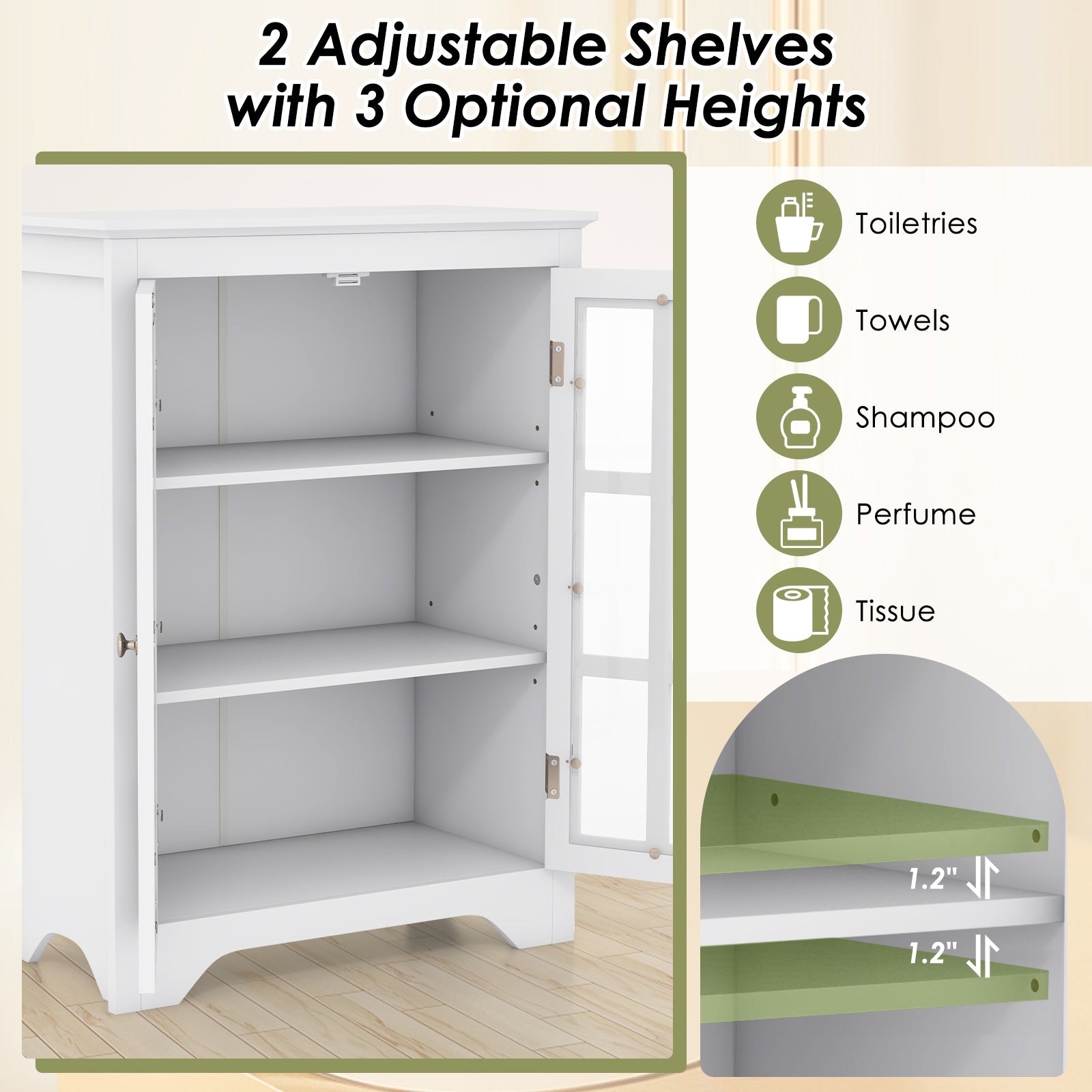 Freestanding Display Storage Cabinet with 2 Glass Doors and Adjustable Shelves