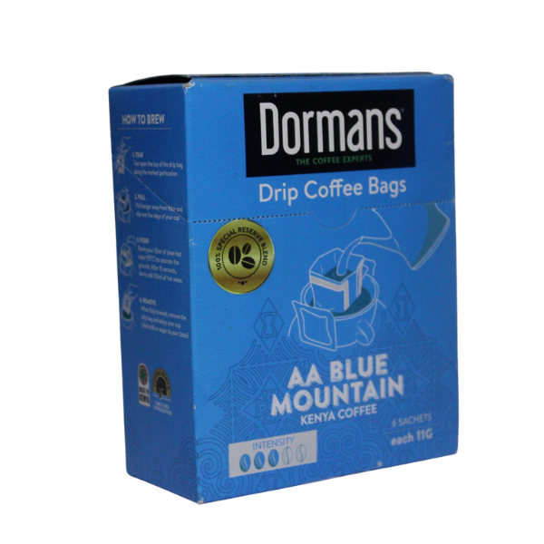Dormans AA Blue Mountain Drip Coffee Bags 11g front corner package view