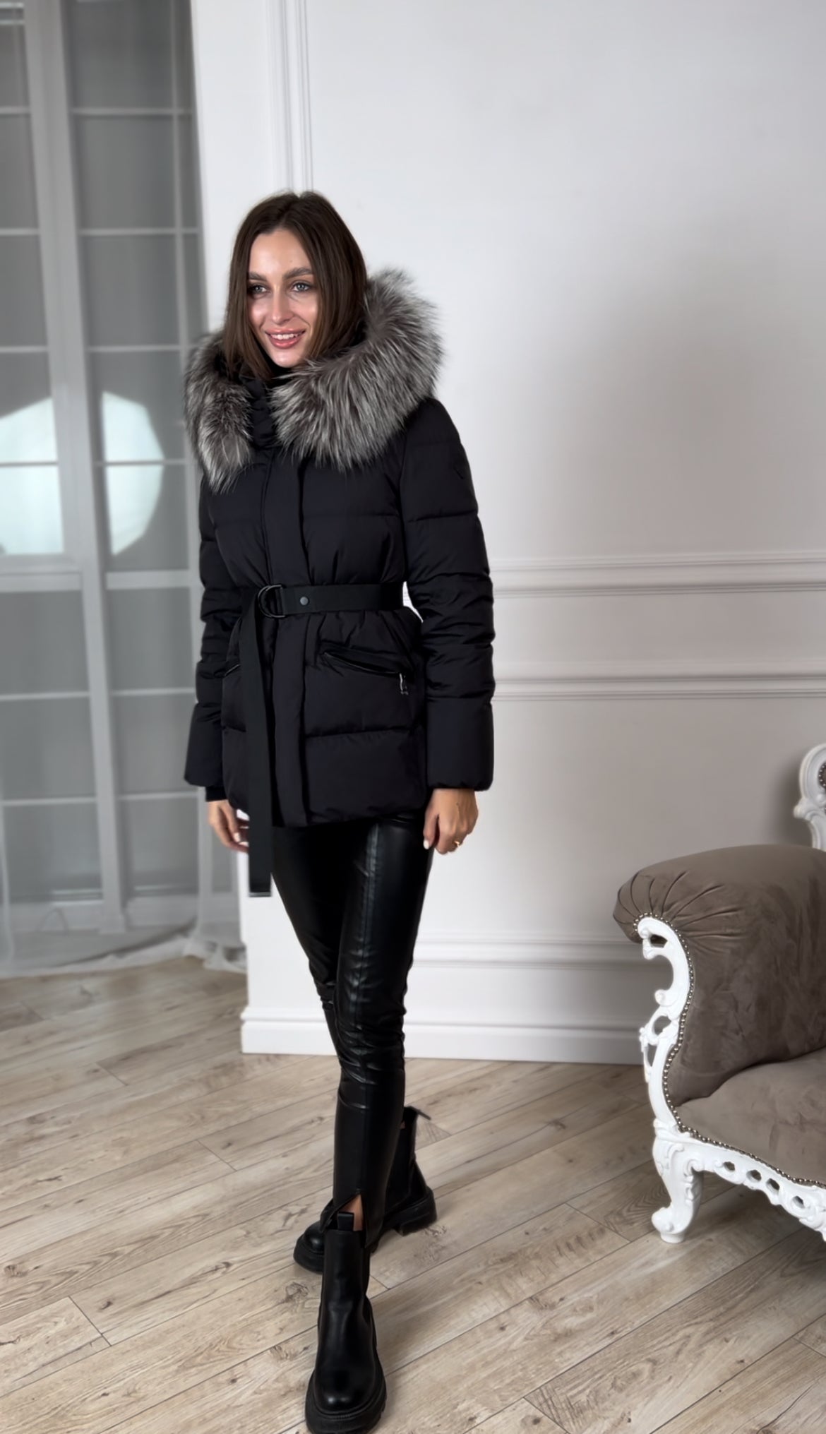 Noir Genuine Silver Fox Fur Down Fill Coat