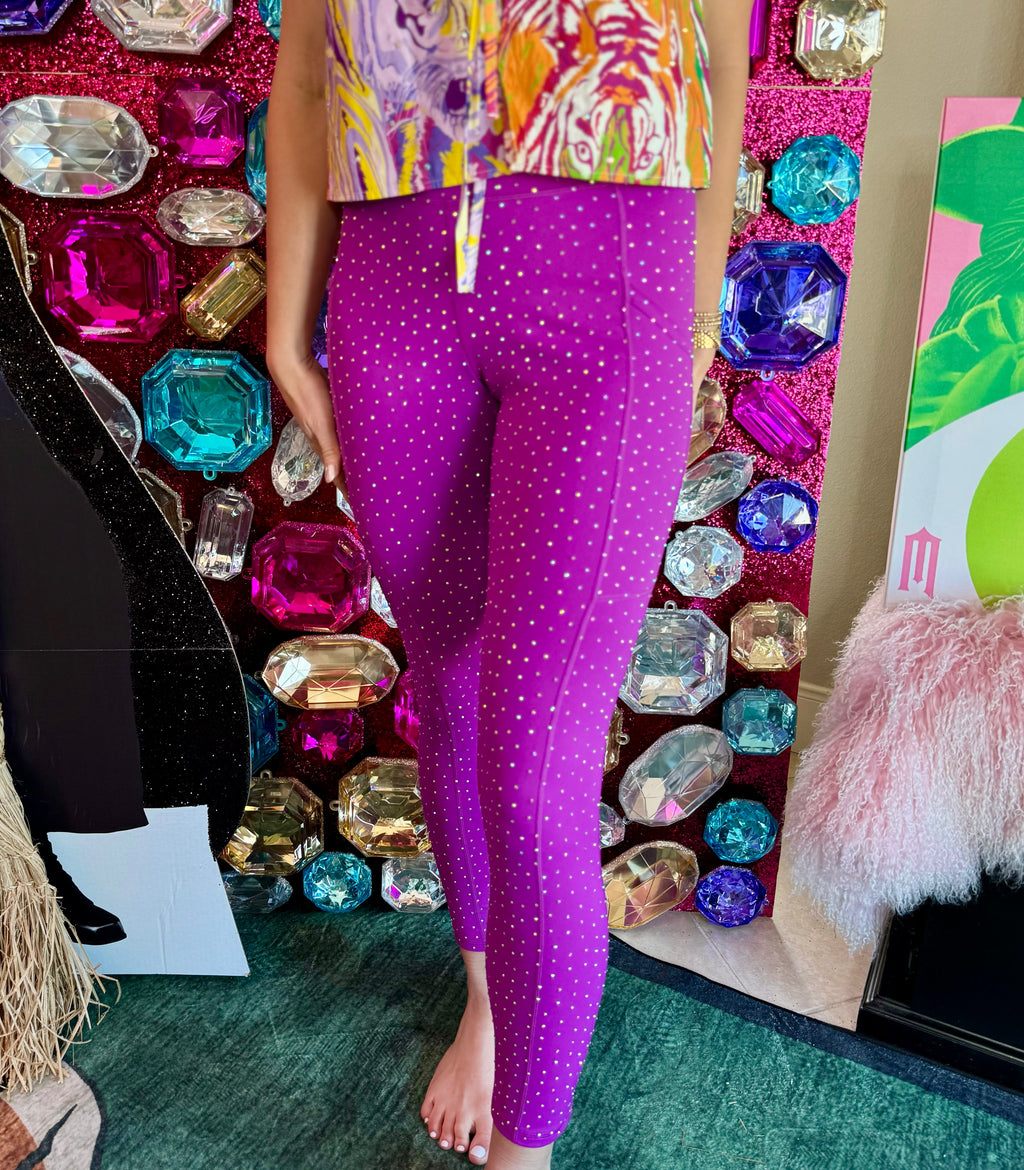 Queen of Sparkles QOS Bright Purple Scattered Rhinestone Leggings