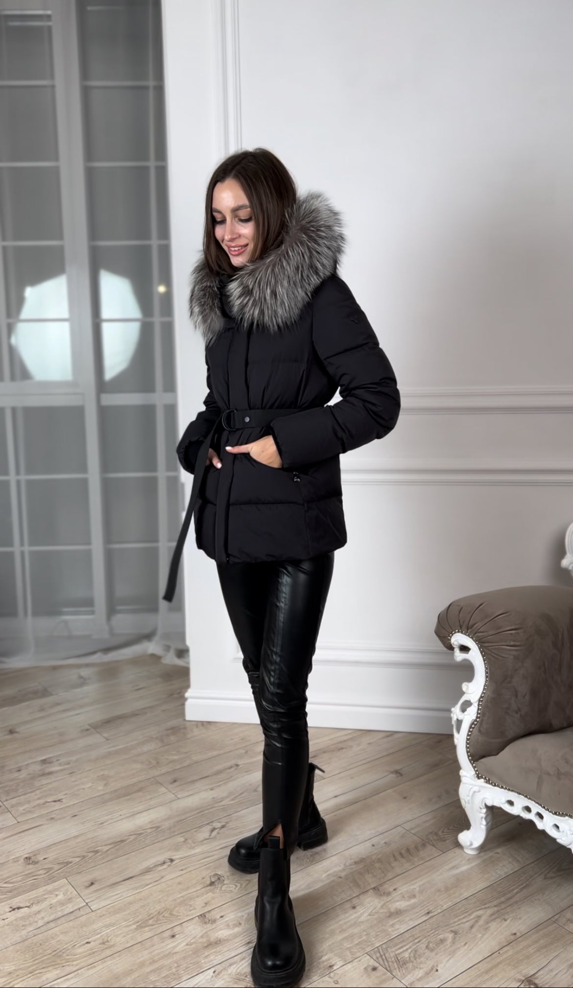 Noir Genuine Silver Fox Fur Down Fill Coat