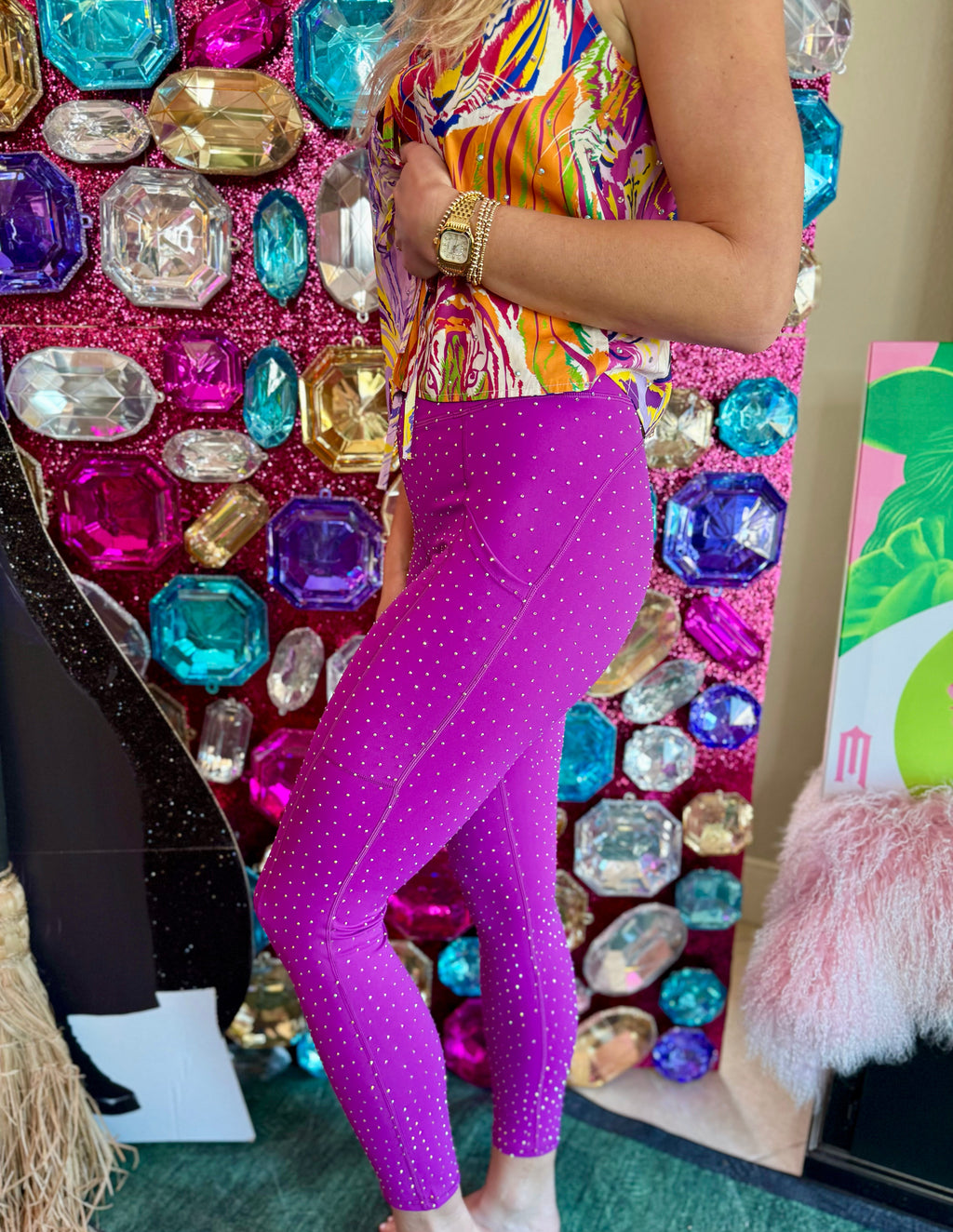 Queen of Sparkles QOS Bright Purple Scattered Rhinestone Leggings
