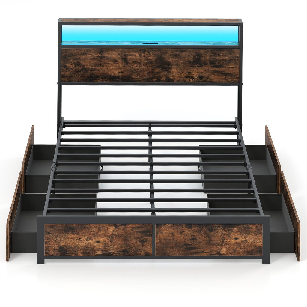 Full/Queen Size LED Bed Frame with Charging Station and 4 Storage Drawers