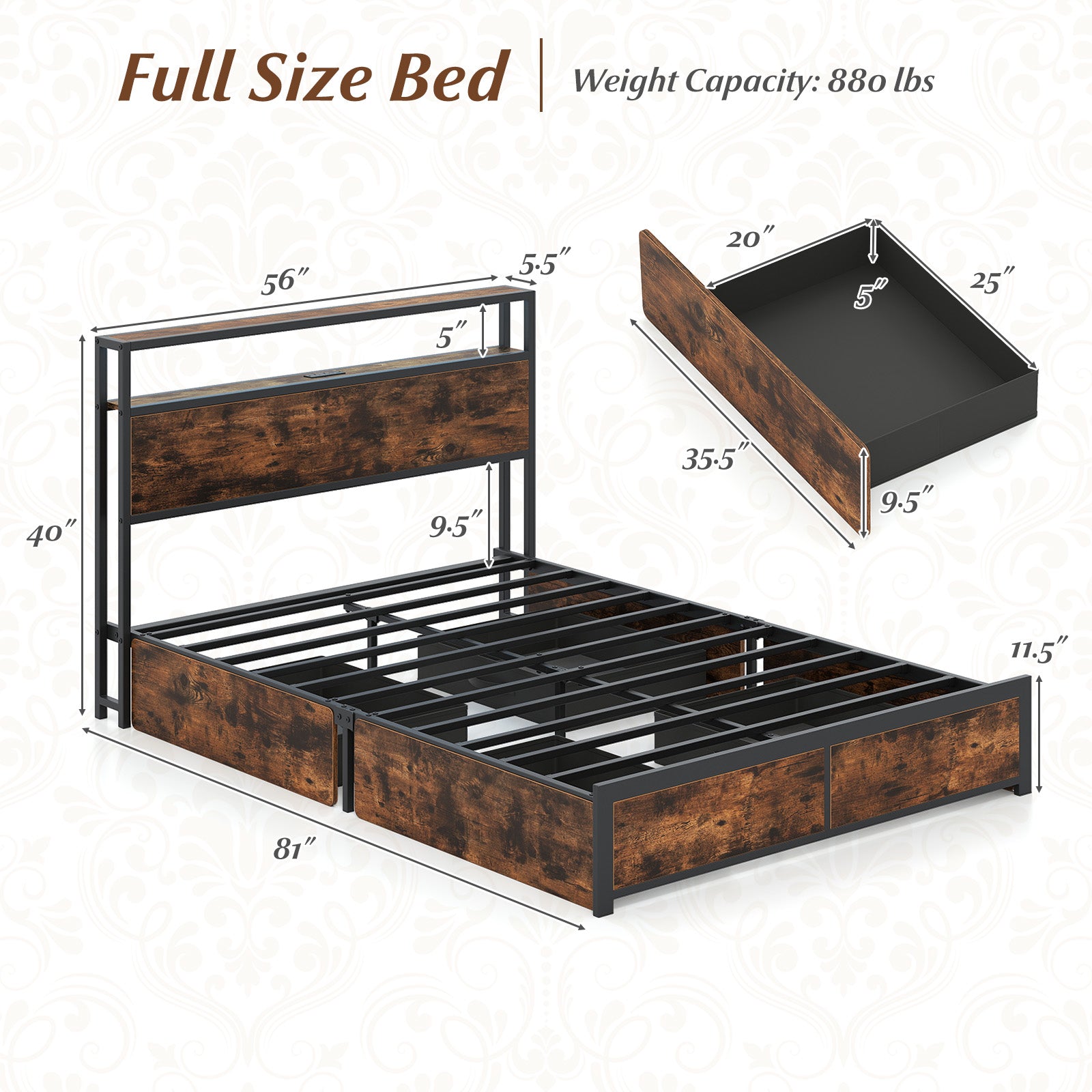 Full/Queen Size LED Bed Frame with Charging Station and 4 Storage Drawers