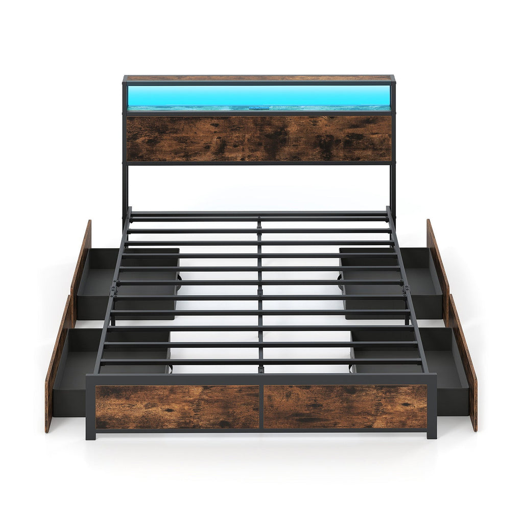 Full/Queen Size LED Bed Frame with Charging Station and 4 Storage Drawers