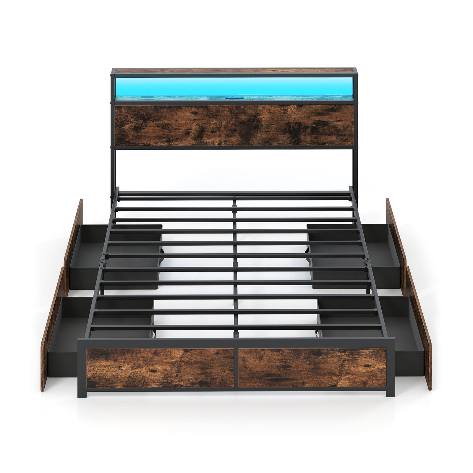 Full/Queen Size LED Bed Frame with Charging Station and 4 Storage Drawers