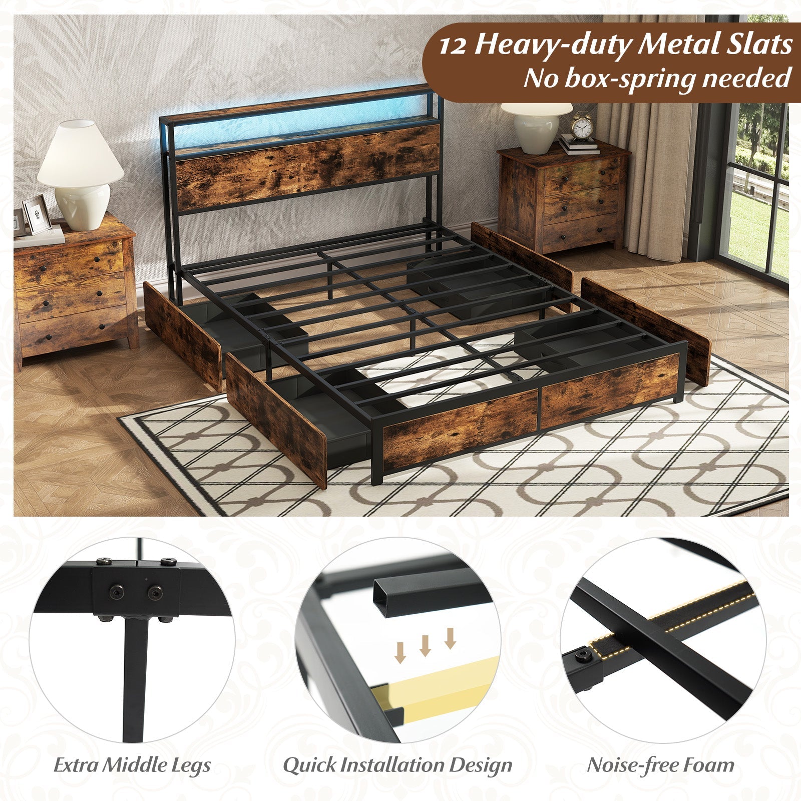 Full/Queen Size LED Bed Frame with Charging Station and 4 Storage Drawers