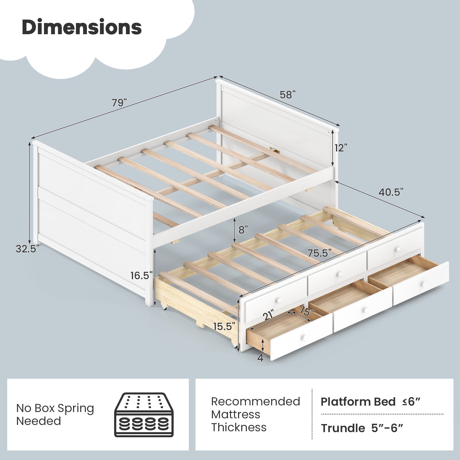Full Size Bed Frame with Twin Trundle and 3 Storage Drawers for Teens Adults-White