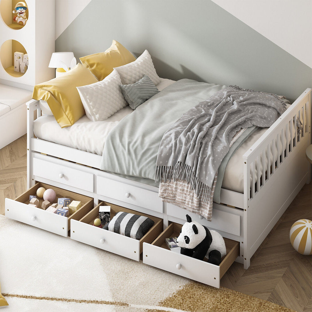Full Size Wood Daybed Frame with Trundle Bed and 3 Storage Drawers-White