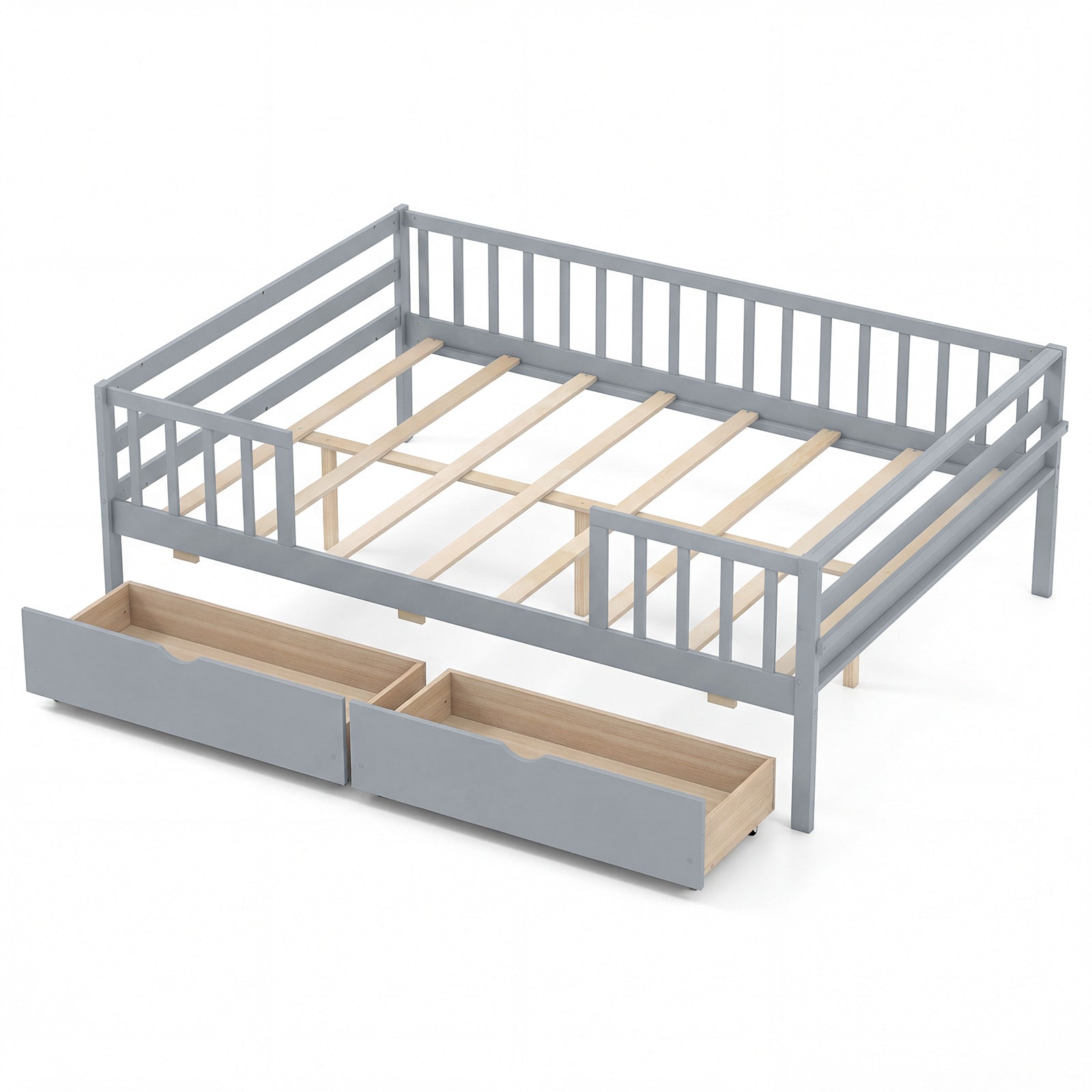 Full Size Daybed with Fence and 2 Drawers for Boys and Girls