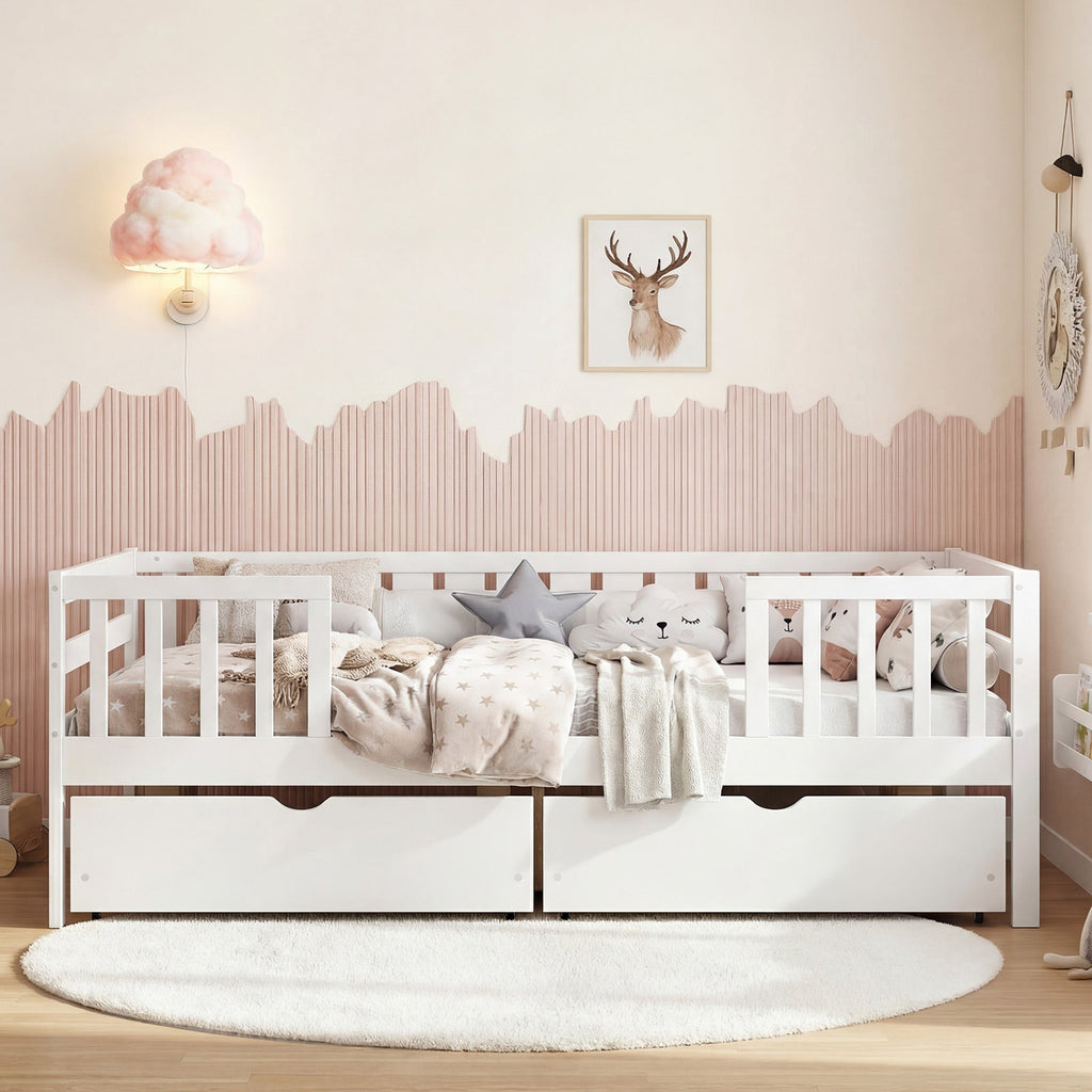 Full Size Daybed with Fence and 2 Drawers for Boys and Girls