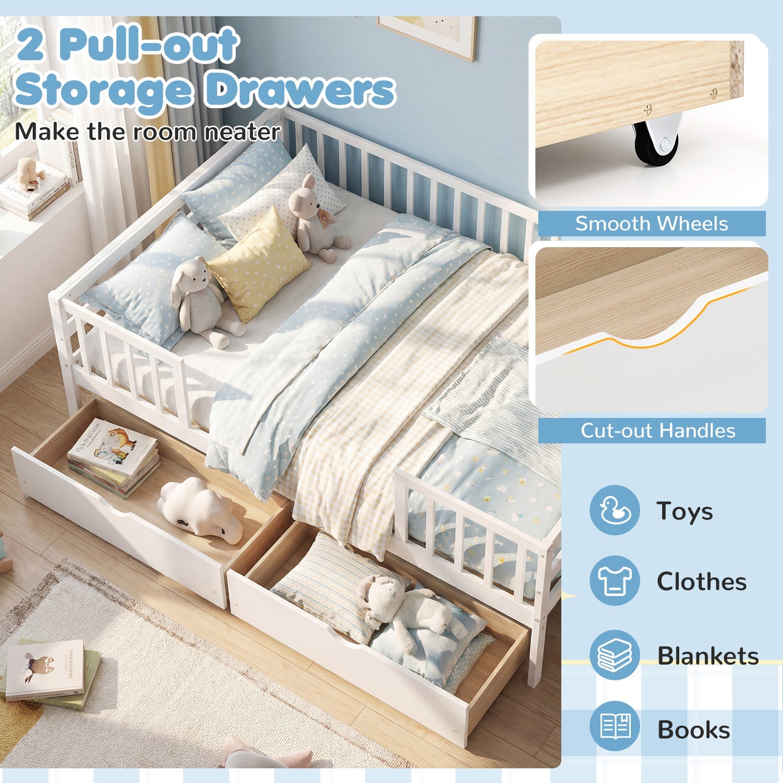 Full Size Daybed with Fence and 2 Drawers for Boys and Girls
