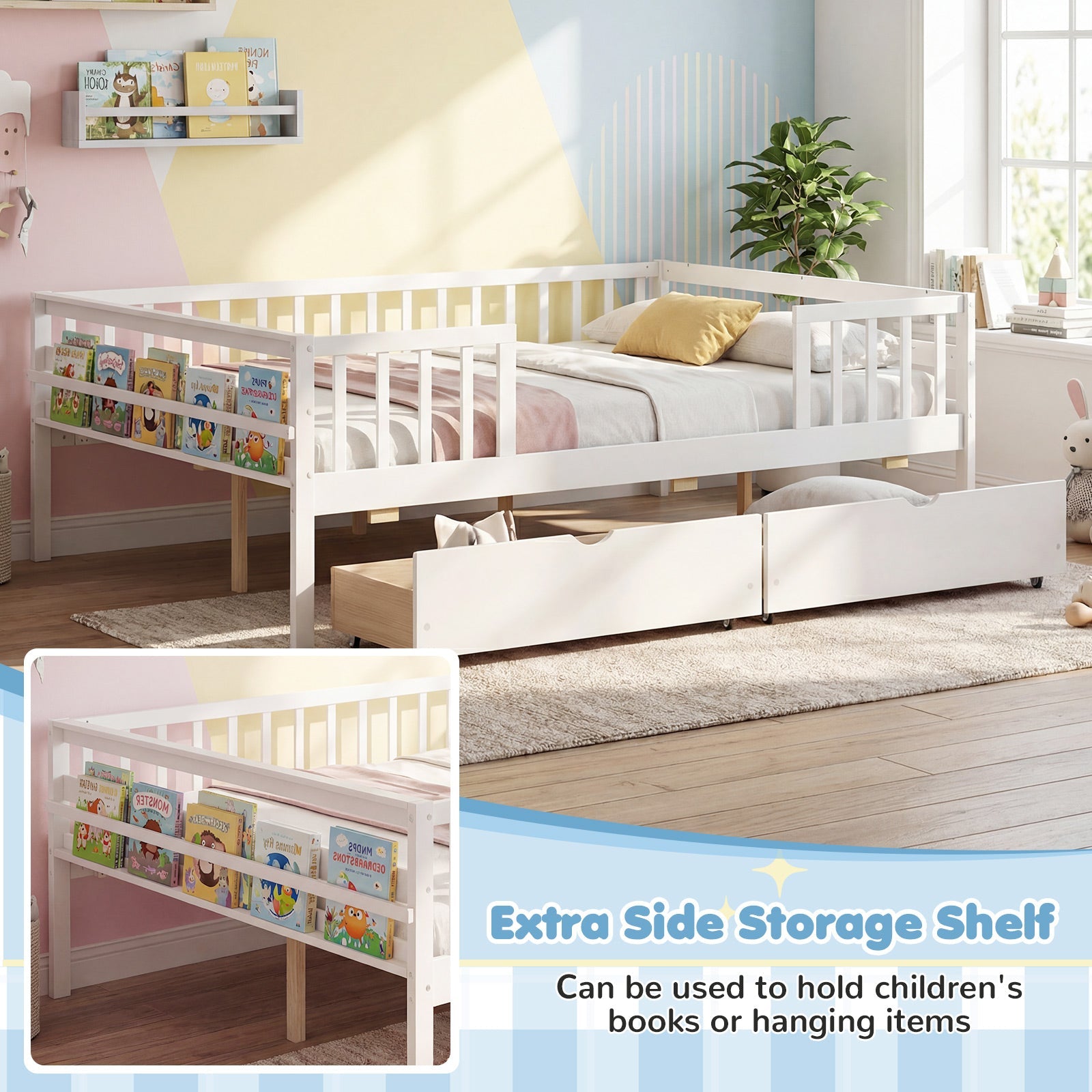 Full Size Daybed with Fence and 2 Drawers for Boys and Girls