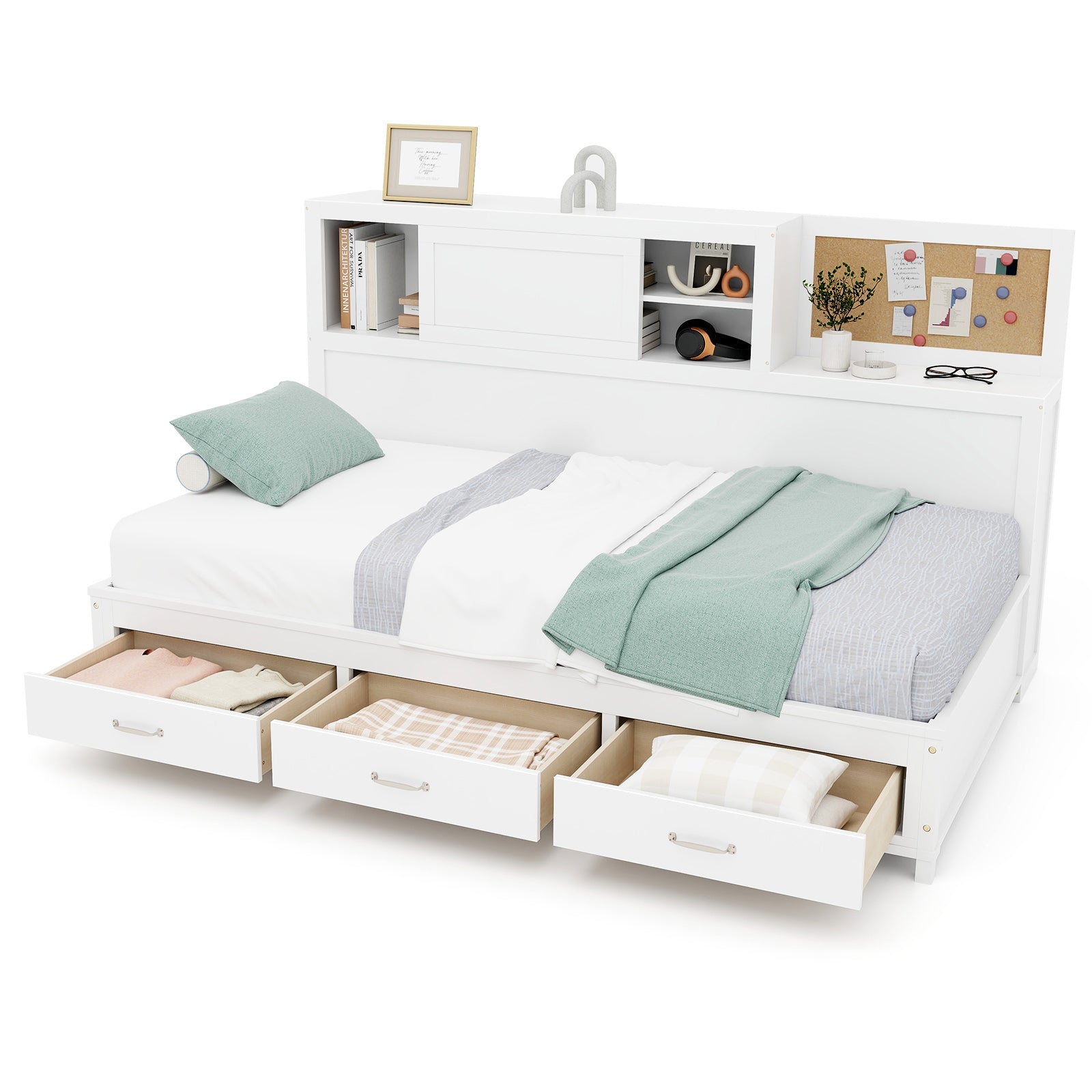 Twin/Full Size Wooden Daybed with 3 Drawers with Storage Shelves