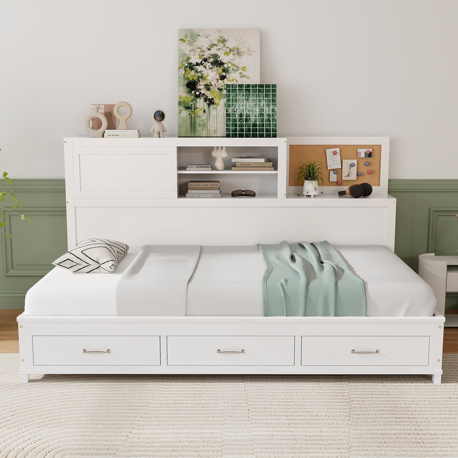 Twin/Full Size Wooden Daybed with 3 Drawers with Storage Shelves