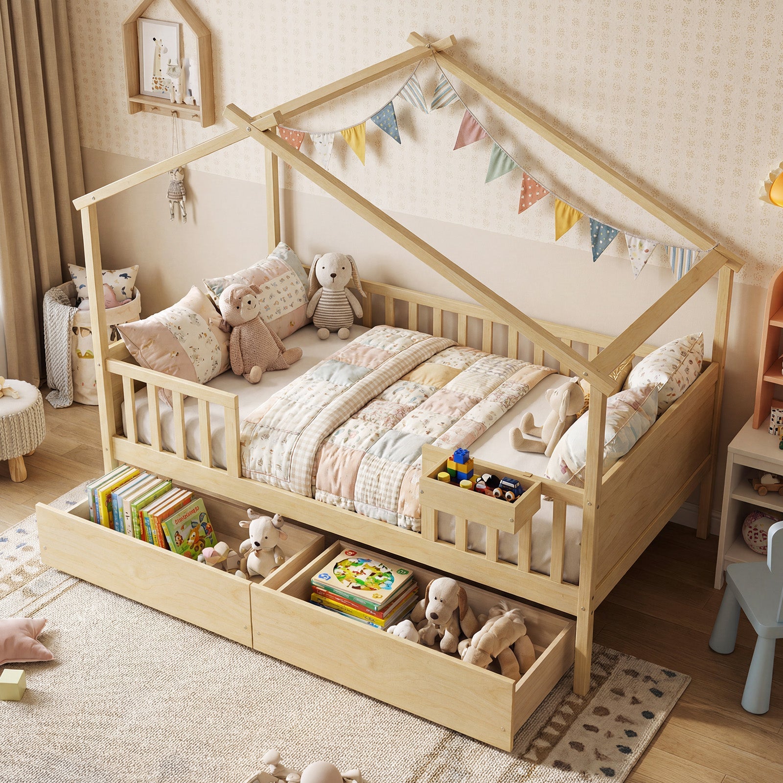 Full Size House Bed with Roof and Fence Rails for Kid
