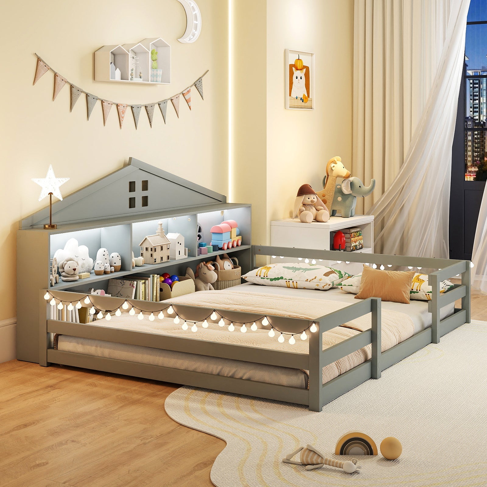 Full Size Montessori Floor Bed with Storage Compartments and Shelf