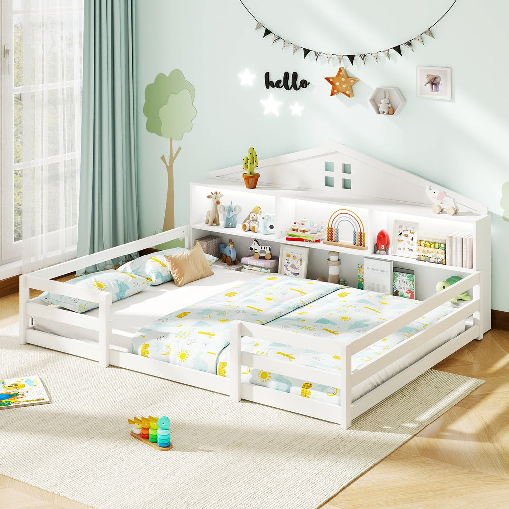 Full Size Montessori Floor Bed with Storage Compartments and Shelf