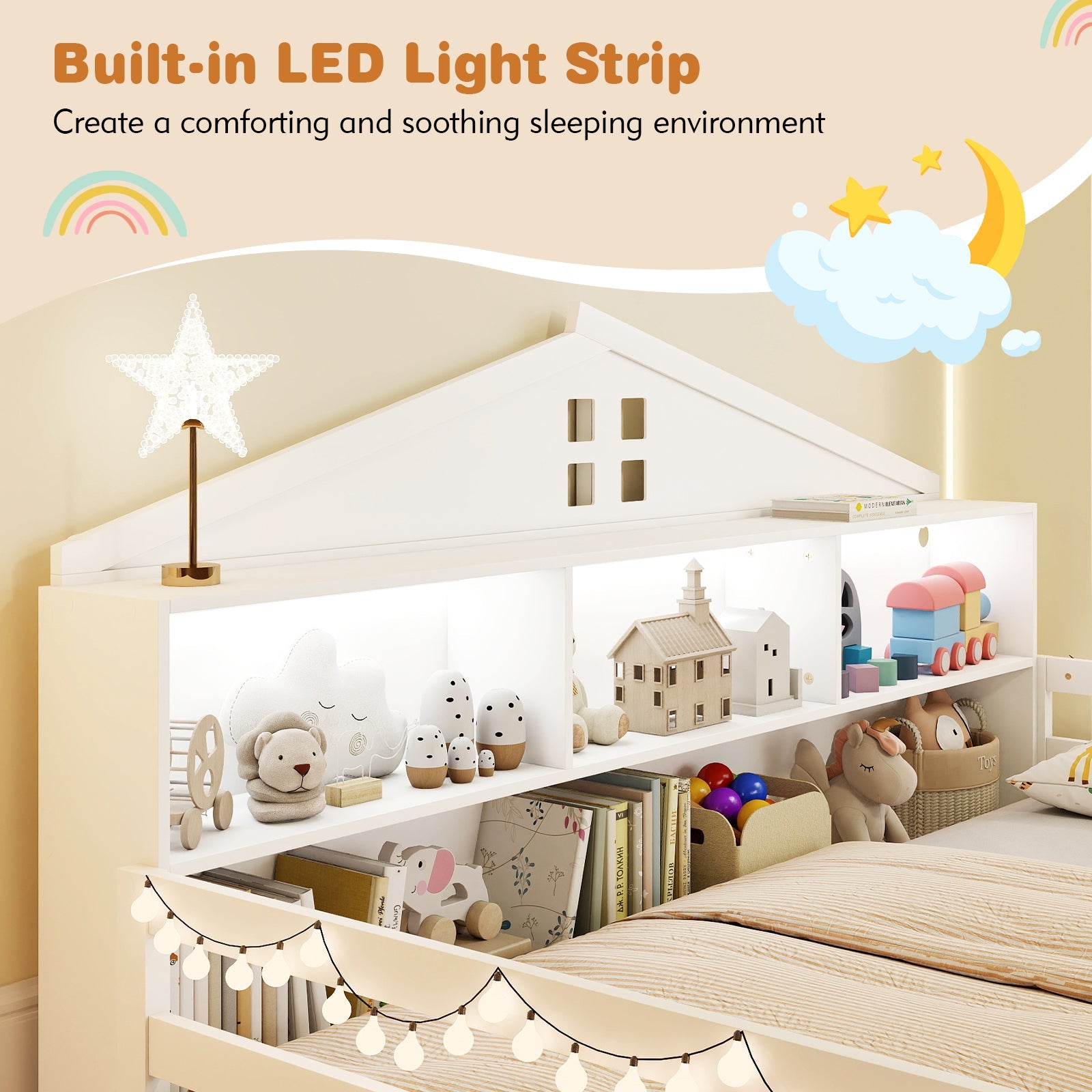 Full Size Montessori Floor Bed with Storage Compartments and Shelf