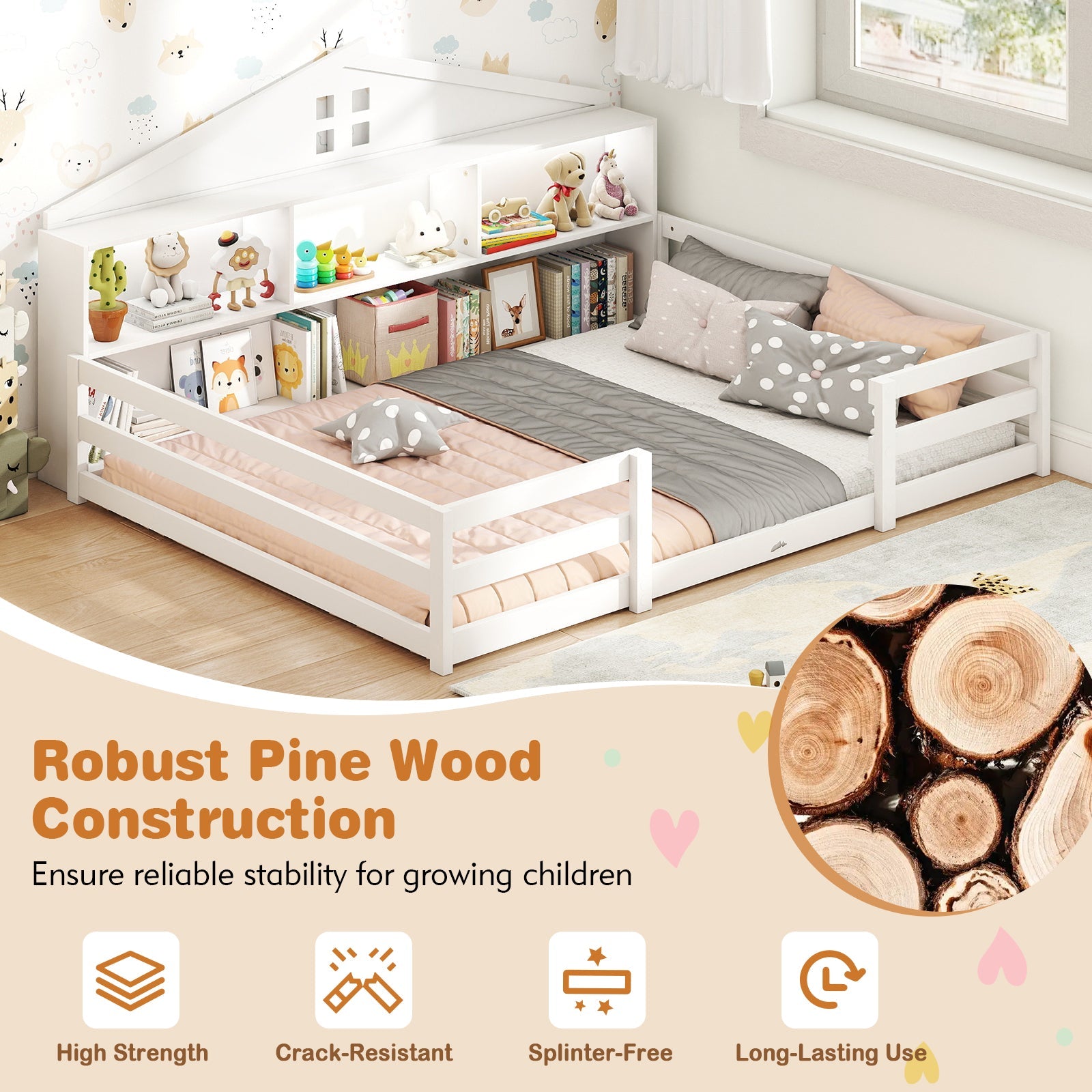 Full Size Montessori Floor Bed with Storage Compartments and Shelf