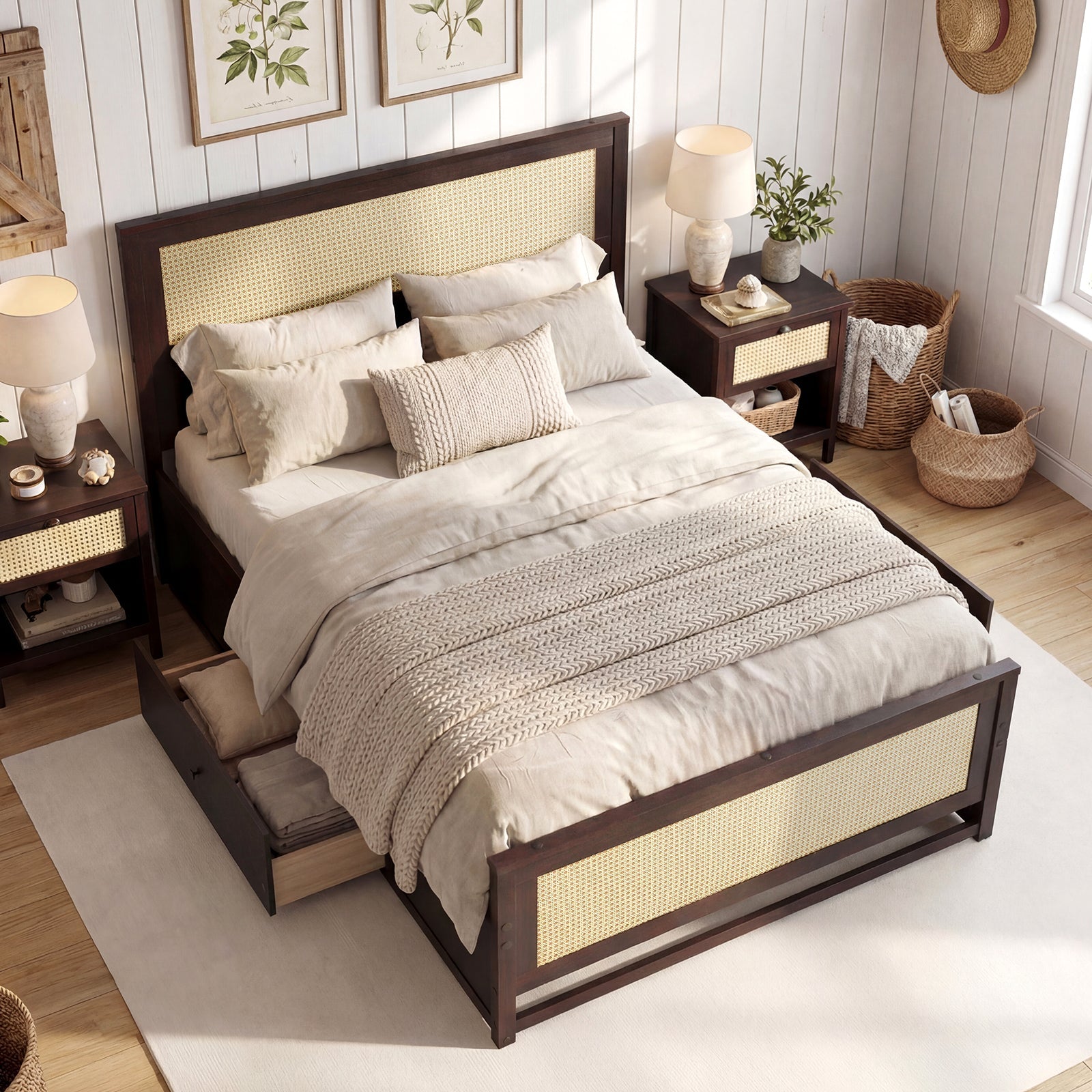 Full Size Rattan Bed Frame with Storage Drawers