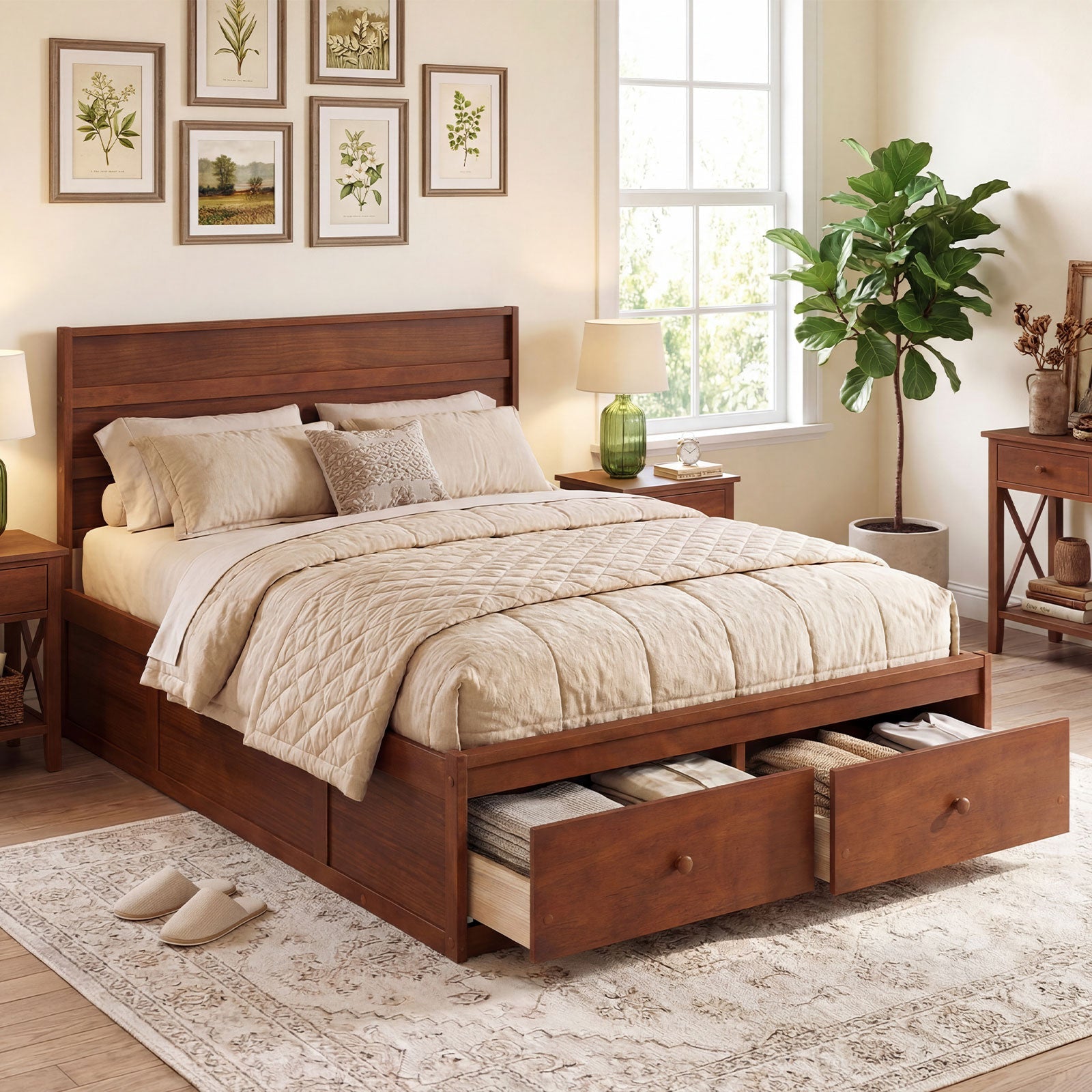 Full Size Wooden Platform Bed Frame with Storage Drawers