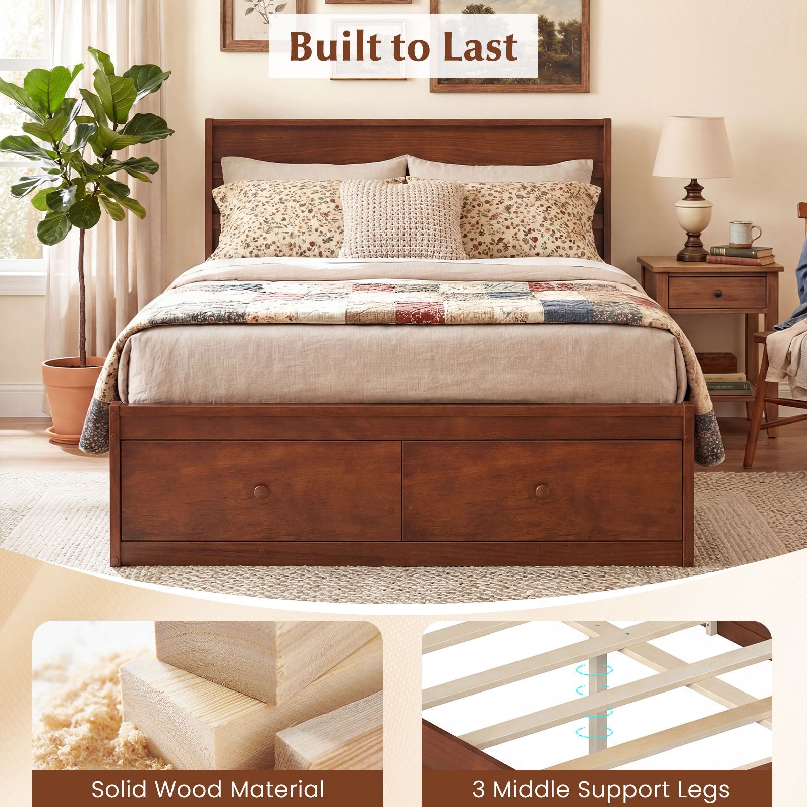 Full Size Wooden Platform Bed Frame with Storage Drawers