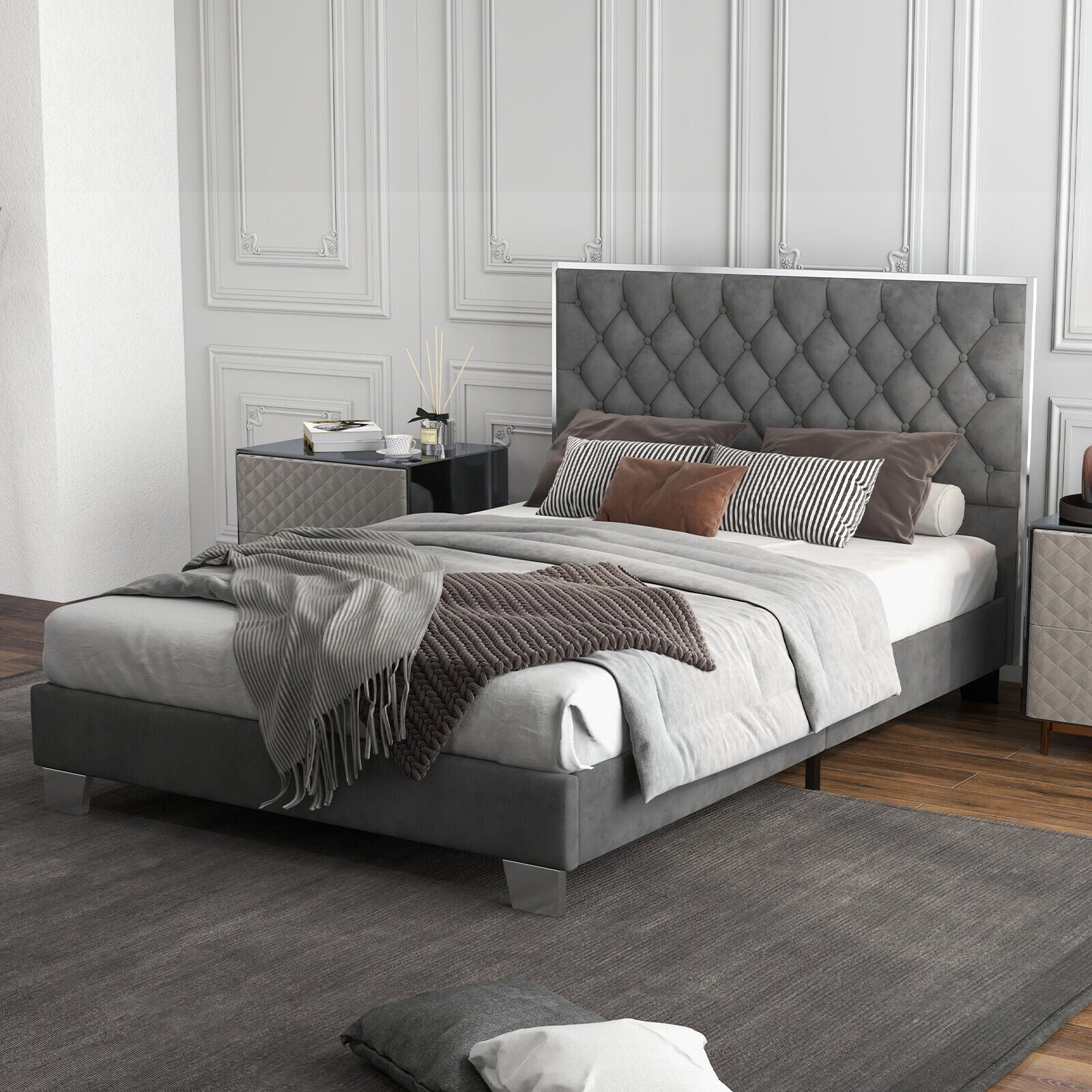 Full/Queen Size Upholstered Bed Frame with Velvet Headboard
