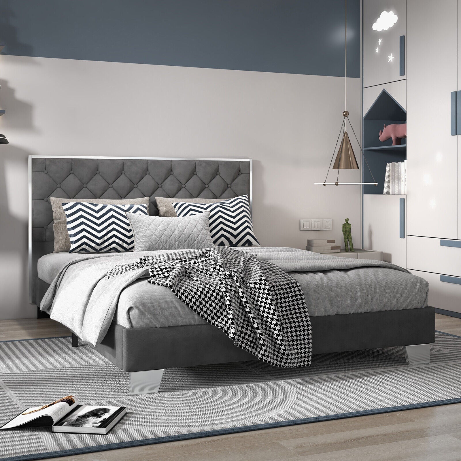 Full/Queen Size Upholstered Bed Frame with Velvet Headboard