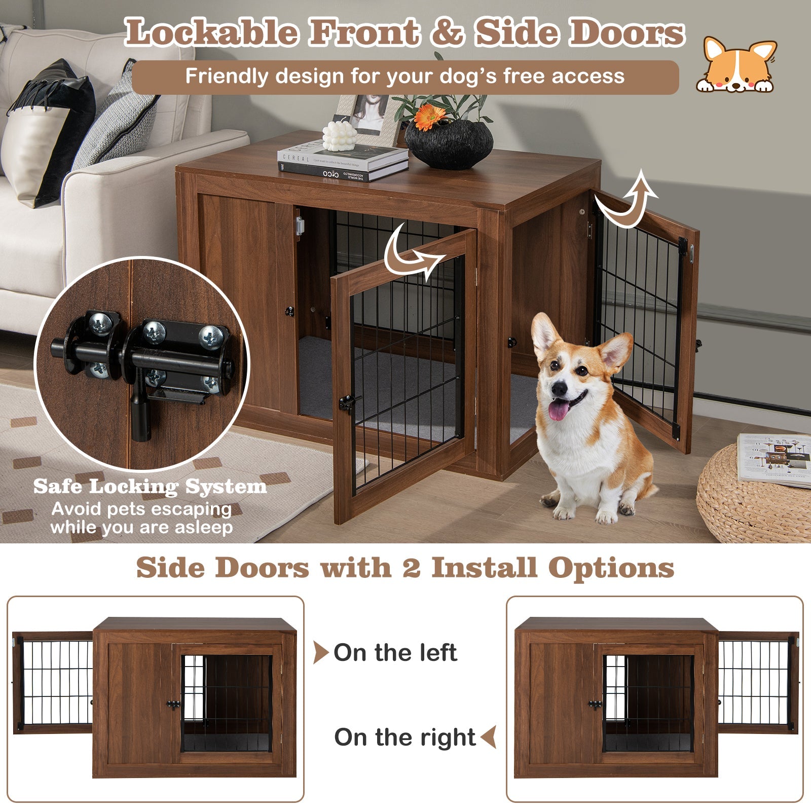 Furniture Dog Crate with Cushion and Double Doors-Walnut