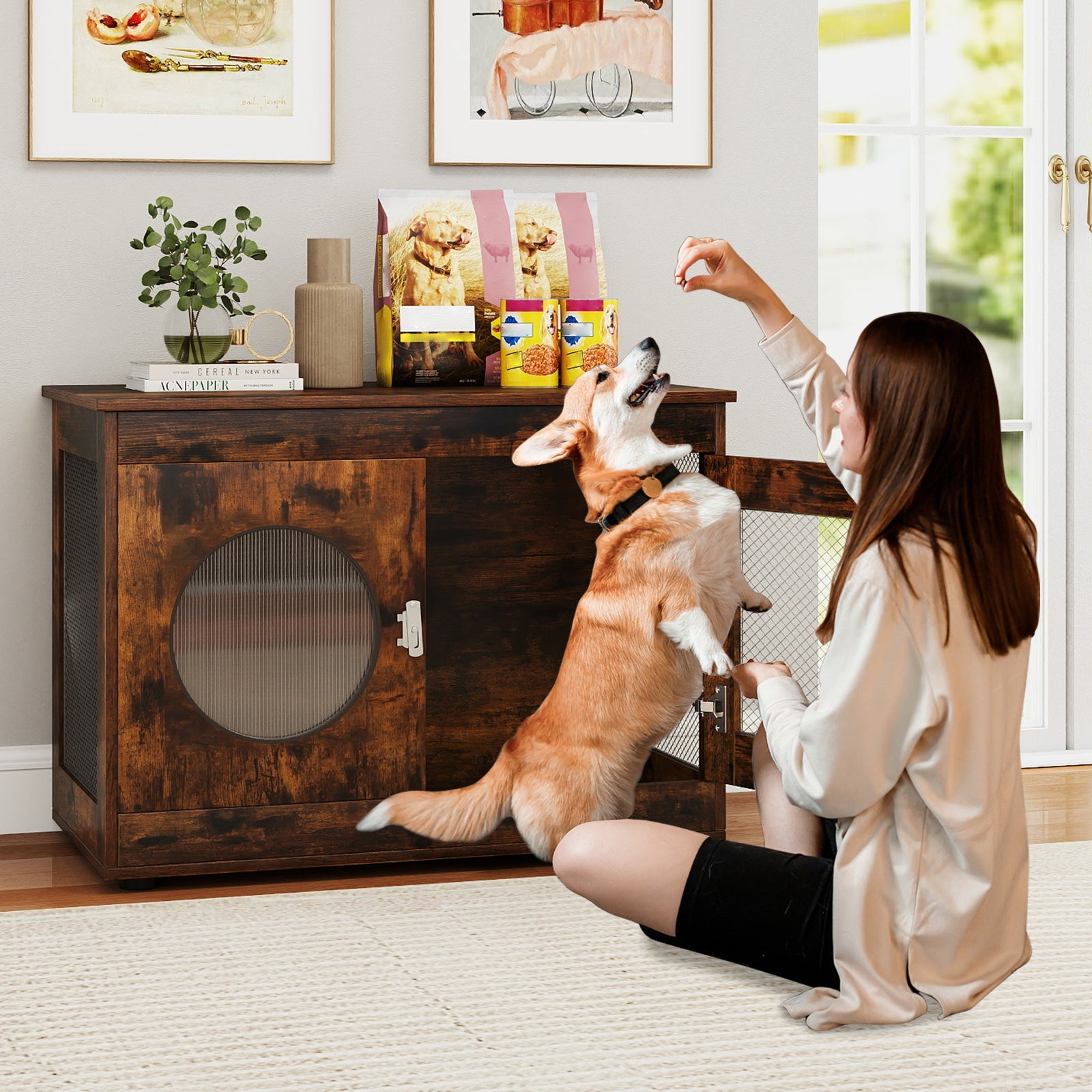 Furniture Style Dog Crate for Small and Medium Dogs with Translucent Window and Lockable Door-Rustic Brown