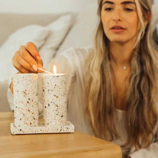 Set of Candle Holders for Shabbat with a designed concrete tray - Stone Glow Series